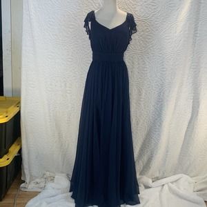 Navy V-Neck Chiffon Wedding Guest Gown with Flutter Shoulders